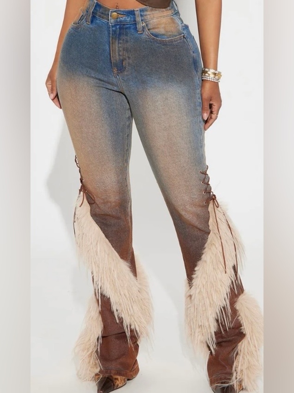 Fashion Nova Women’s Ombre Blue-Brown Jeans with Cream Feather Trim